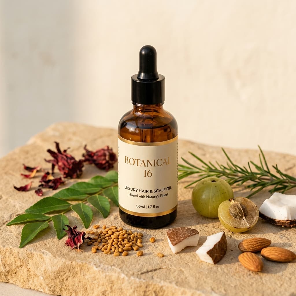 Botanical 16 Hair Oil — amber glass bottle with 16 cold-pressed botanical oils