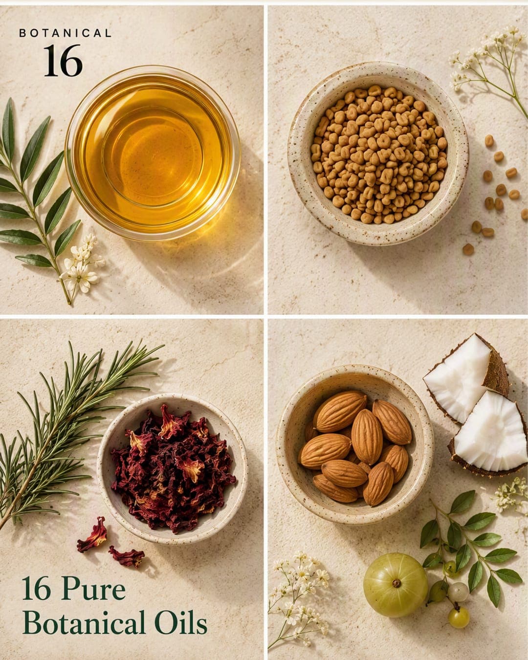 Botanical 16 Hair Oil bottle on dark background — full ingredient transparency